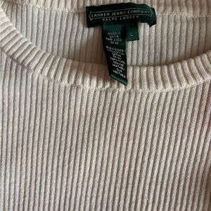 Ralph Lauren Women's Ribbed Sweater in Cream crew neck leather shoulder accents